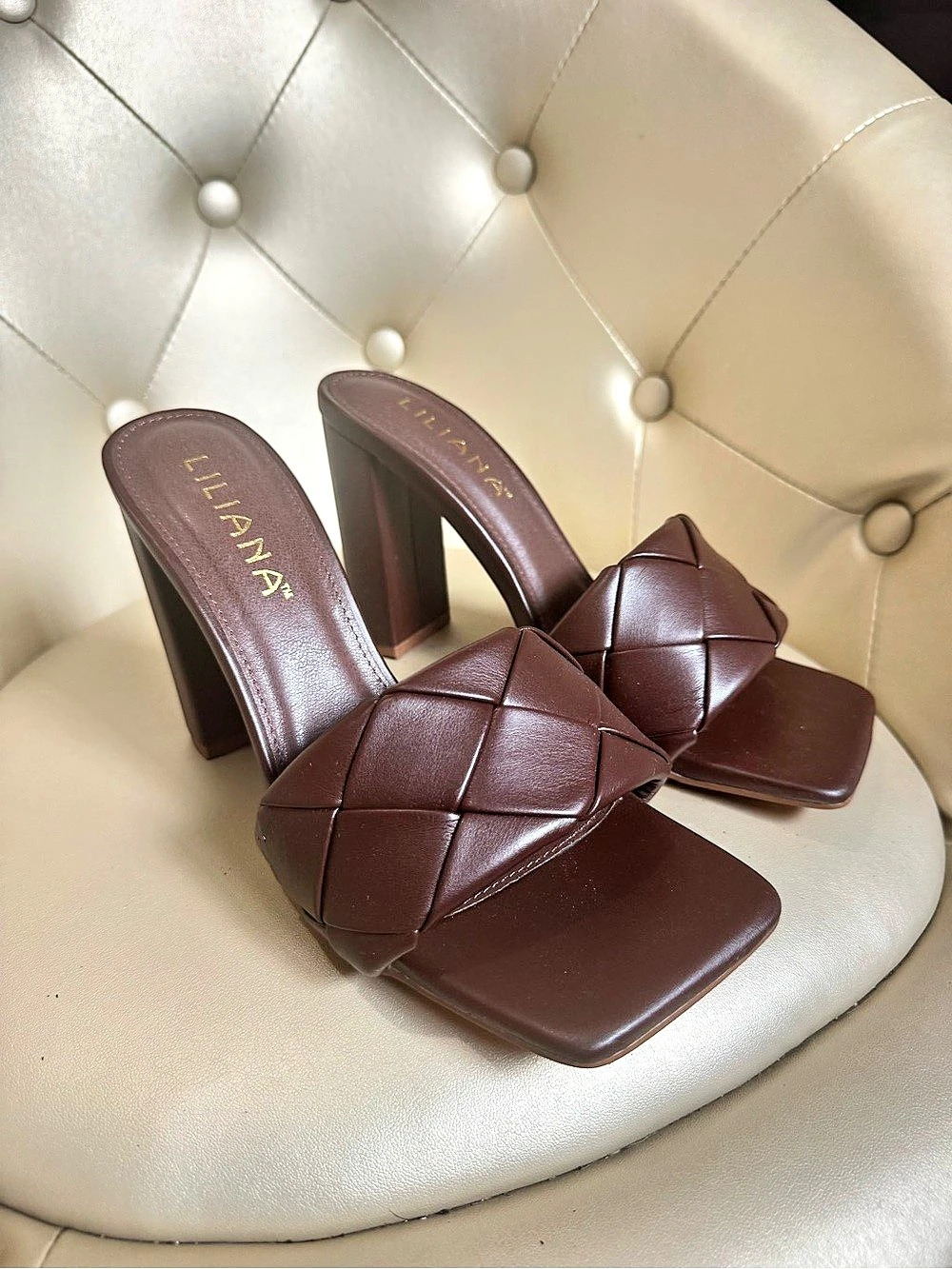 LILIANA Woven Block Heel Sandals in Brown